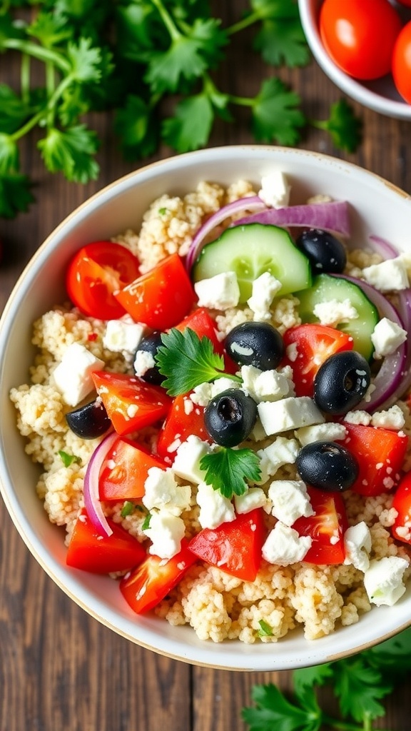 A colorful quinoa bowl with feta, tomatoes, cucumber, olives, and parsley on a rustic table.